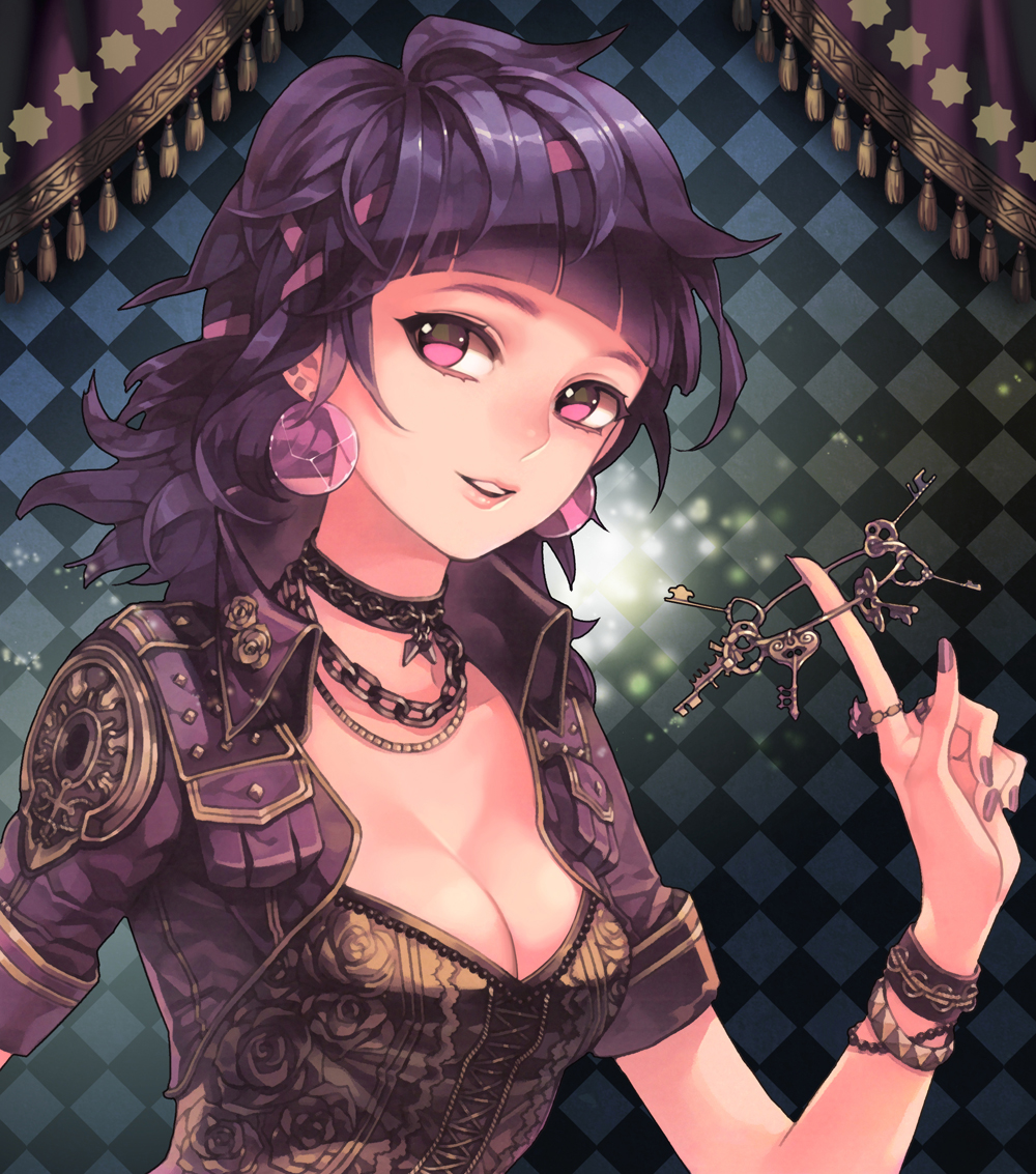 1girl bad_id bad_pixiv_id blazer bracelet breasts bustier chain checkered_background choker cleavage cropped_jacket curtains eyelashes fingernails floral_print jacket jewelry key charm_(object) keyring lips looking_at_viewer medium_breasts nail_polish necklace original pink_eyes purple_hair ribbon ring studded wbfish