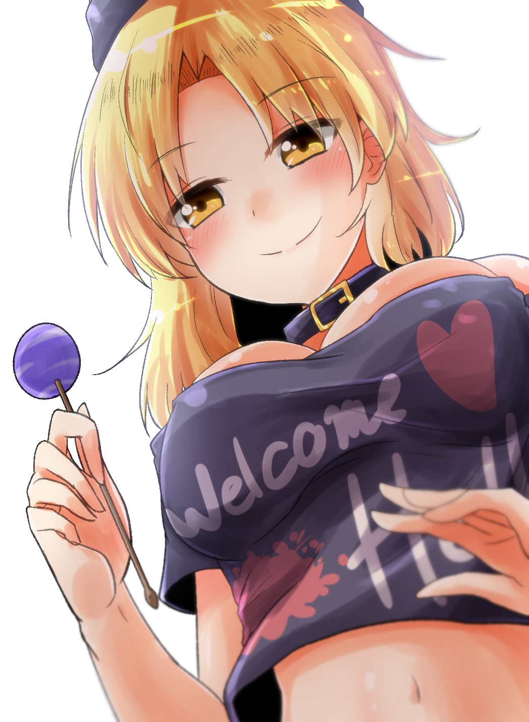 1girl black_collar black_hat black_shirt blonde_hair blush collar from_below hat hecatia_lapislazuli hecatia_lapislazuli_(moon) highres holding looking_at_viewer medium_hair navel off-shoulder_shirt off_shoulder oshiaki print_shirt shirt smile solo touhou yellow_eyes