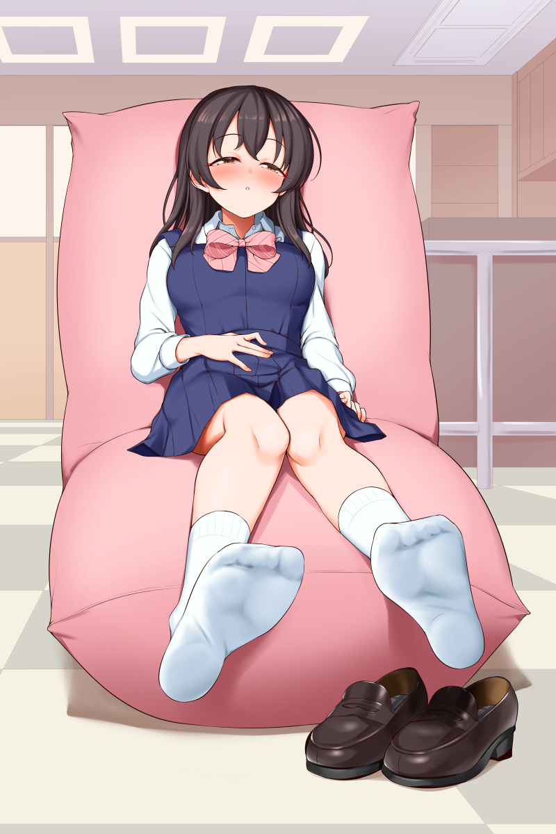 1girl :o black_hair blue_dress blush bow bowtie brown_footwear checkered_floor commentary_request commission dress feet fujiwara_hajime half-closed_eyes highres hisakabe_oto idolmaster idolmaster_cinderella_girls indoors kneehighs knees_together_feet_apart loafers looking_at_viewer pinafore_dress pink_bow pink_bowtie school_uniform shirt shoes sitting skeb_commission sleeveless sleeveless_dress socks solo unworn_shoes white_shirt white_socks