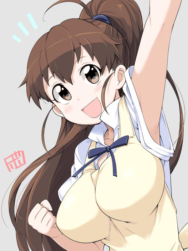 1girl :d apron arm_up armpits blush bowieknife breasts brown_eyes brown_hair clenched_hand female_focus grey_background jpeg_artifacts large_breasts long_hair open_mouth ponytail signature simple_background smile solo taneshima_popura upper_body waitress working!!