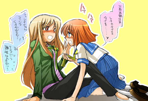 2girls age_difference artist_request blonde_hair blush higurashi_no_naku_koro_ni long_hair looking_at_another multiple_girls open_mouth ryuuguu_rena school_uniform serafuku short_hair sitting smile takano_miyo translation_request yuri