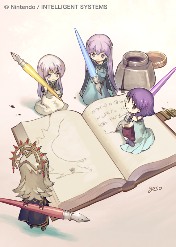 4girls artist_name book cape circlet commentary_request company_name deformed fire_emblem fire_emblem:_genealogy_of_the_holy_war fire_emblem:_the_binding_blade fire_emblem:_the_sacred_stones fire_emblem_cipher fire_emblem_heroes holding holding_pen inkwell julia_(fire_emblem) long_hair lute_(fire_emblem) mini_person minigirl multiple_girls nintendo official_art open_book oversized_object pen purple_eyes purple_hair sophia_(fire_emblem) umiu_geso veronica_(fire_emblem) white_hair