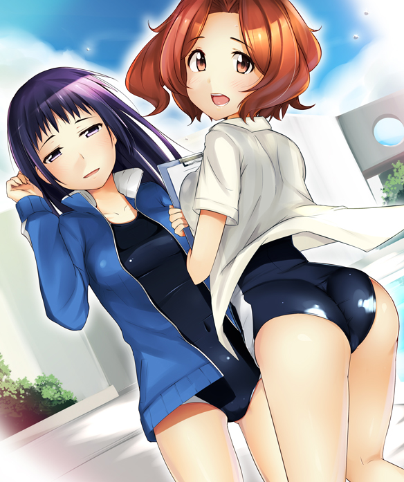 2girls ass awatsuki_maaya bad_id bad_pixiv_id black_hair black_one-piece_swimsuit brown_eyes brown_hair clipboard competition_swimsuit covered_navel dress_shirt ichinose_yuu jacket long_hair multiple_girls one-piece_swimsuit open_clothes open_jacket purple_eyes shirt swimsuit swimsuit_under_clothes toaru_kagaku_no_railgun toaru_majutsu_no_index track_jacket wannai_kinuho