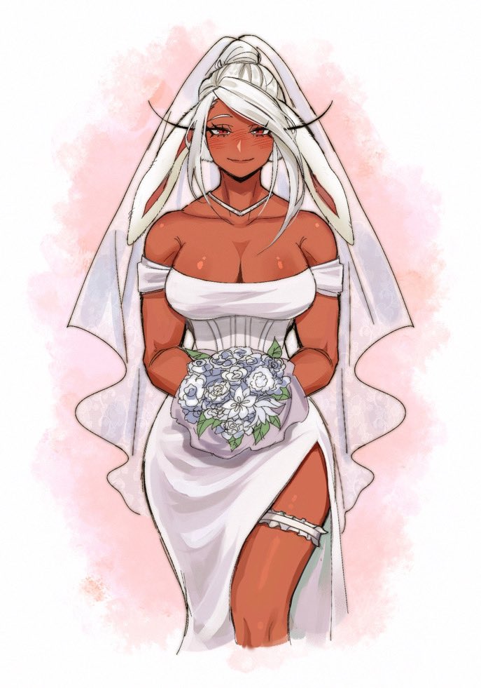 1girl akohrako animal_ears bare_shoulders blush boku_no_hero_academia bouquet breasts bridal_veil cleavage collarbone commentary commission cropped_legs dark-skinned_female dark_skin dress english_commentary female_focus flower hair_bun holding holding_bouquet large_breasts long_eyelashes long_hair looking_at_viewer mirko muscular muscular_female no_bra off-shoulder_dress off_shoulder rabbit_ears rabbit_girl red_eyes rozubread second-party_source single_hair_bun smile solo swept_bangs thighs toned toned_female veil wedding_dress white_bridal_garter white_dress white_flower white_hair