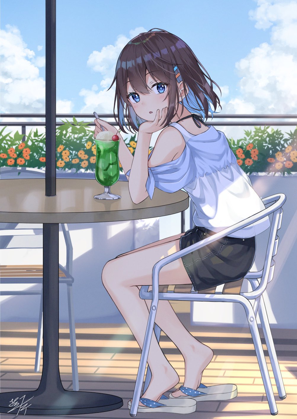 1girl arm_rest balcony black_shorts blue_eyes blue_hair blush brown_hair cafe clothing_cutout cloud cloudy_sky commentary dappled_sunlight denim denim_shorts expressionless flip-flops floral_background flower food from_side full_body head_rest highres holding holding_spoon ice_cream ice_cream_float looking_at_viewer medium_hair melon_soda miko_fly multicolored_hair on_chair original parted_lips sandals shirt short_shorts shorts shoulder_cutout signature sitting sky solo spoon sunlight symbol-only_commentary table two-tone_hair white_shirt