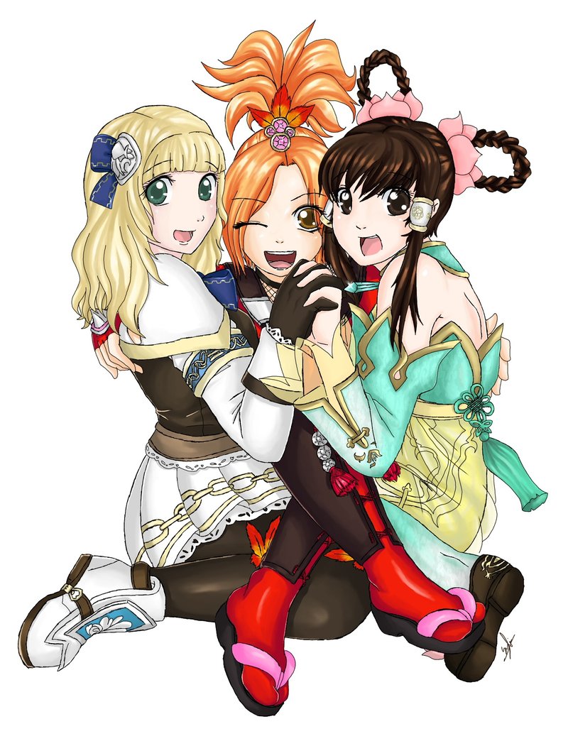 3girls black_hair blonde_hair female_focus long_hair multiple_girls natsu_(soulcalibur) ninja pyrrha_alexandra red_suit ribbon soul_calibur soulcalibur soulcalibur_v suit tagme yan_leixia