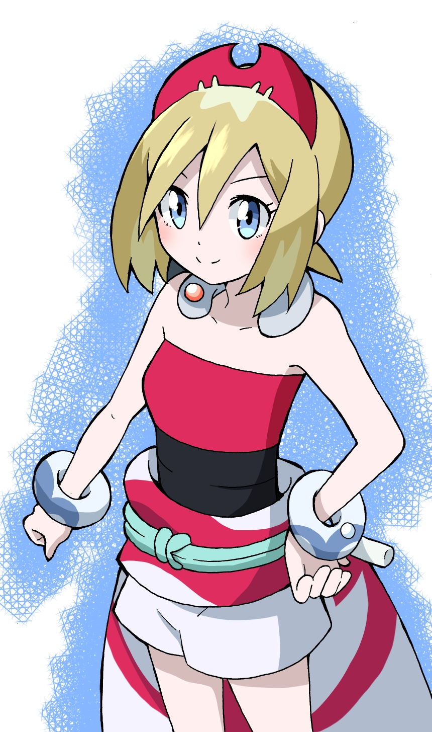 1girl blonde_hair blue_eyes bracelet closed_mouth collarbone commentary_request creatures_(company) emapippi eyelashes flute game_freak hair_between_eyes hairband hand_on_own_hip highres instrument irida_(pokemon) jewelry medium_hair neck_ring nintendo pokemon pokemon_legends:_arceus red_hairband sash shirt shorts smile solo split_mouth strapless strapless_shirt waist_cape white_shorts