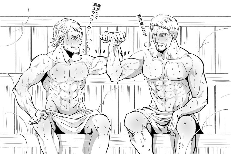 2boys abs bara blush breath eye_contact facial_hair feet_out_of_frame fist_bump goatee_stubble greyscale jean_kirstein large_pectorals looking_at_another male_focus monochrome multiple_boys muscular muscular_male naggooro navel nipples pectorals reiner_braun sauna shingeki_no_kyojin short_hair sitting stomach stubble sweat topless_male towel_around_waist translation_request very_sweaty