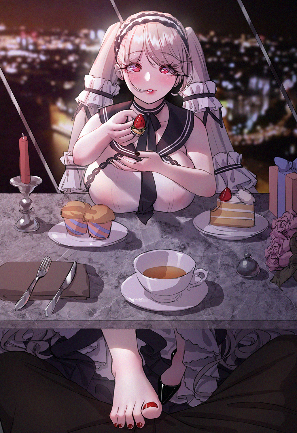 1boy 1girl azur_lane barefoot box breast_rest breasts breasts_on_table cake cake_slice cup feet flower food footjob formidable_(azur_lane) frills gift gift_box headdress highres long_hair looking_at_viewer nail_polish pink_eyes pov rhasta rose silver_hair teacup toes twintails under_table