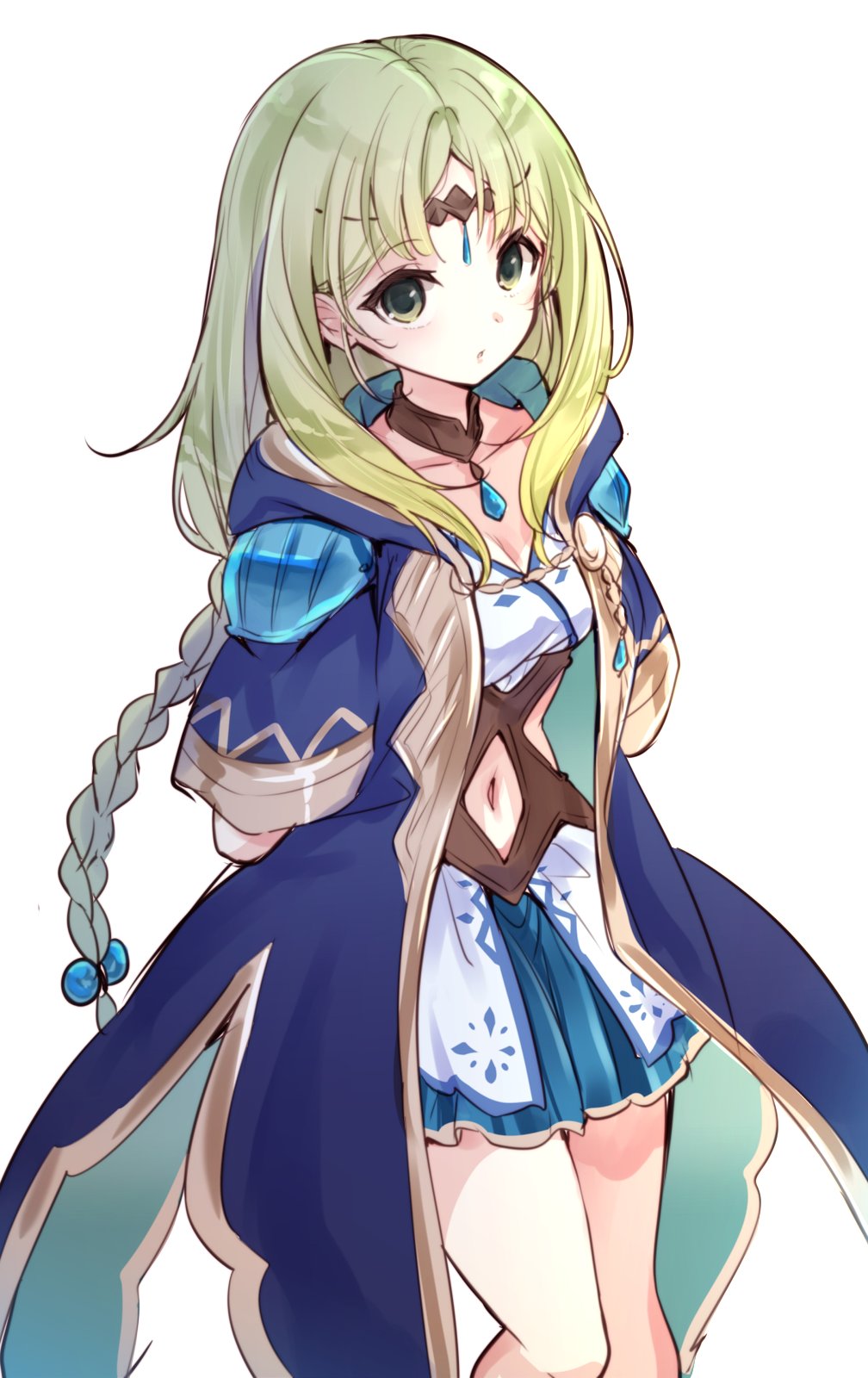 1girl atelier_(series) atelier_lulua blonde_hair blue_coat blue_dress braid breasts circlet cleavage clothing_cutout coat commentary_request cowboy_shot dress green_eyes highres karasumi_(aiseec) long_hair looking_at_viewer navel navel_cutout parted_bangs parted_lips piana_(atelier) simple_background solo standing white_background