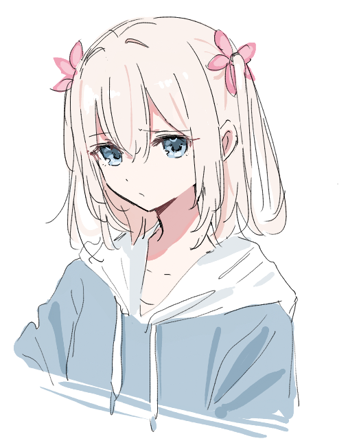 1girl 818_seki blonde_hair blue_eyes blue_hoodie collarbone commentary_request cropped_torso flower hair_between_eyes hair_flower hair_ornament hood hoodie looking_at_viewer medium_hair original pink_flower sidelocks solo white_hood