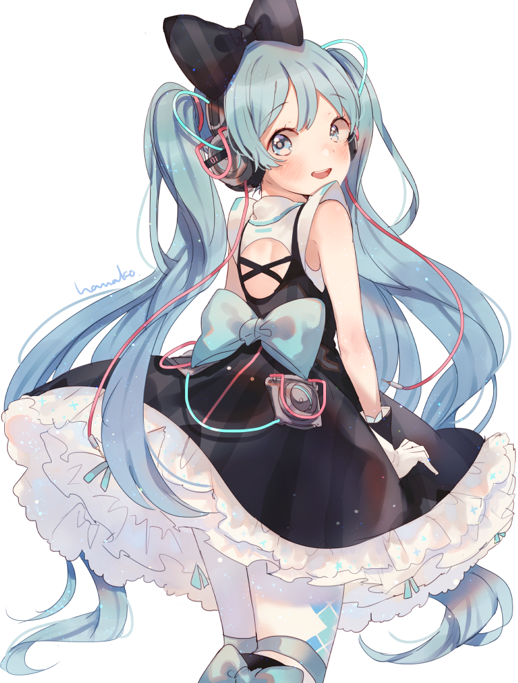 1girl argyle_clothes argyle_pantyhose arms_at_sides bare_arms bare_back bare_shoulders black_dress black_ribbon blue_eyes blue_hair blue_ribbon blush dress female_focus frilled_dress frills gloves hair_ribbon hanako151 happy hatsune_miku headphones long_hair looking_at_viewer looking_back magical_mirai_(vocaloid) magical_mirai_miku magical_mirai_miku_(2016) pantyhose ribbon simple_background smile solo standing teeth twintails upper_body upper_teeth_only very_long_hair vocaloid white_background white_gloves white_pantyhose