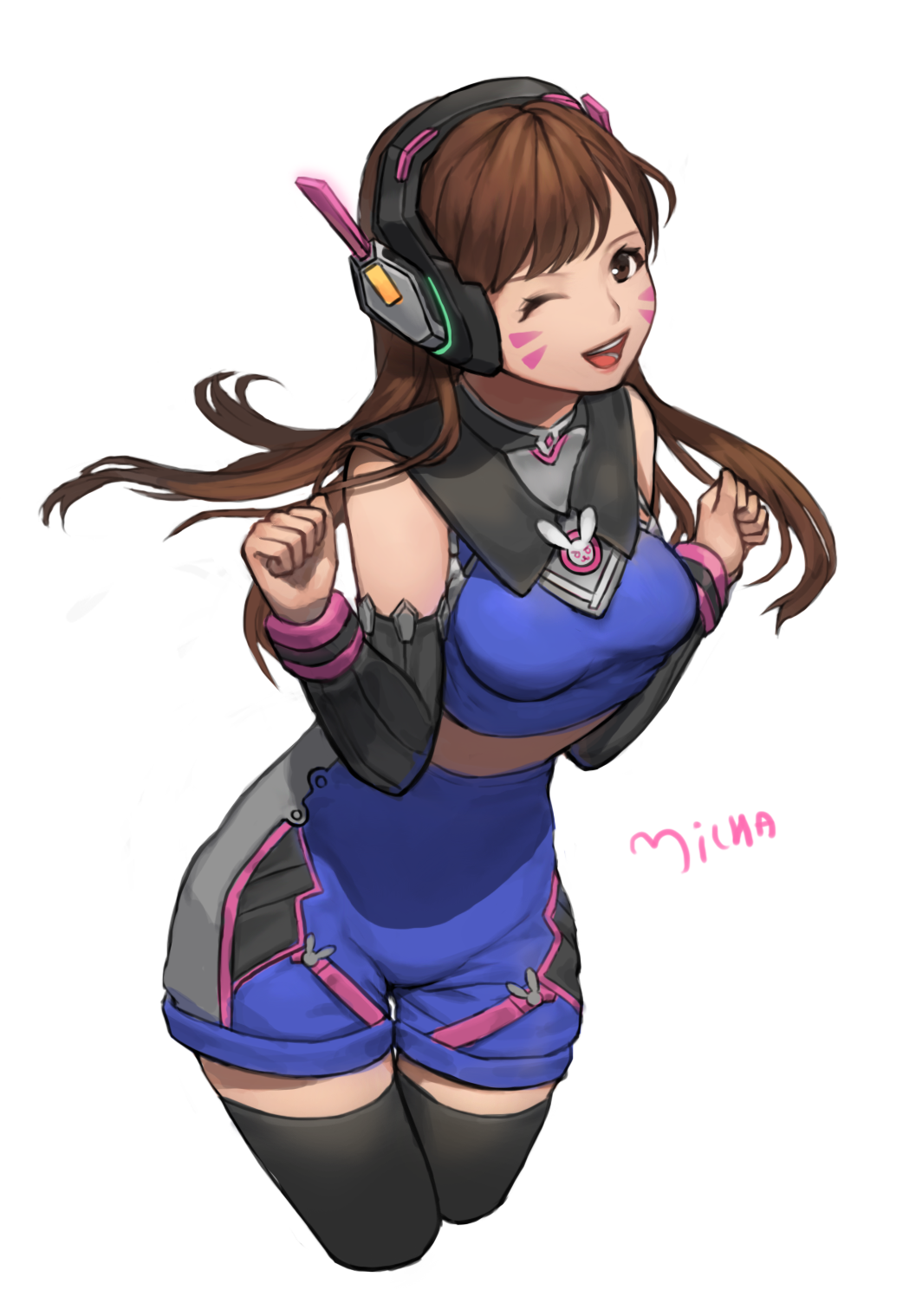 1girl ;d adapted_costume animal_print arm_warmers artist_name blue_shirt blue_shorts breasts brown_eyes brown_hair clenched_hands cowboy_shot crop_top cropped_legs d.va_(overwatch) eyelashes facepaint facial_mark female_focus hands_up headphones highres legs_together long_hair looking_at_viewer medium_breasts micha one_eye_closed open_mouth overwatch overwatch_1 rabbit_print shirt shorts simple_background sleeveless sleeveless_shirt smile solo thigh_gap thighhighs turtleneck whisker_markings white_background