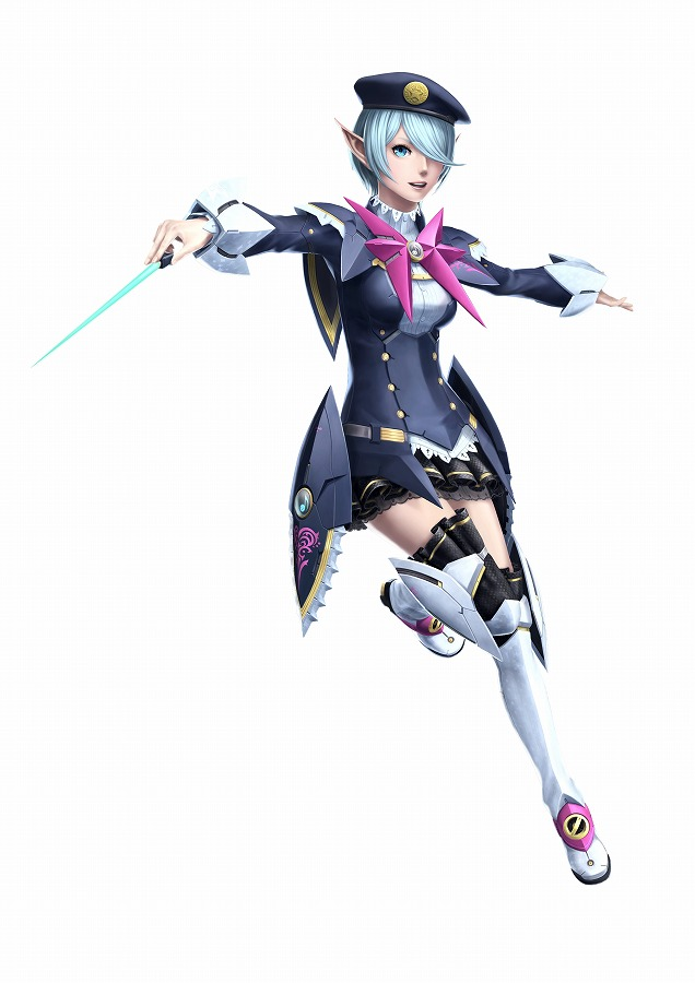 1girl aqua_eyes beret blue_hair boots female_focus full_body hair_over_one_eye hat official_art open_mouth phantasy_star phantasy_star_online_2 pointy_ears short_hair simple_background skirt smile solo summoner_(pso2) thighhighs white_background zettai_ryouiki