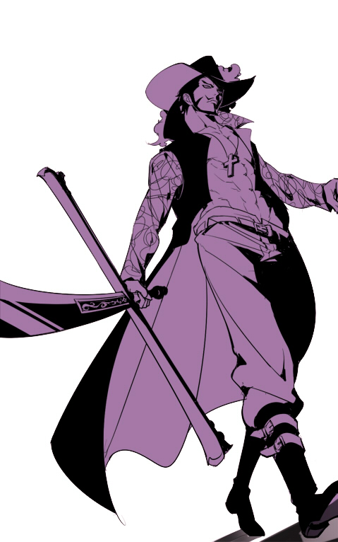 1boy abs boots chinstrap dracule_mihawk full_body hat hat_feather jewelry lining male_focus mocchiri_oyaji monochrome necklace one_piece open_clothes open_shirt popped_collar purple_theme shirt simple_background solo source sword walking weapon white_background yoru_(one_piece)