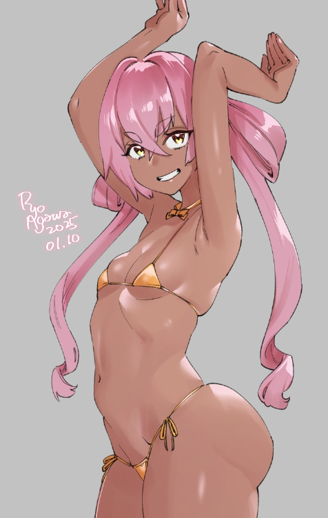 1girl agawa_ryou arms_up artist_name ass bikini breasts commentary cowboy_shot dark-skinned_female dark_skin dated english_commentary gold_bikini grey_background hair_between_eyes long_hair looking_at_viewer navel nose original pink_hair short_eyebrows side-tie_bikini_bottom simple_background small_breasts smile stomach swimsuit teeth very_long_hair yellow_eyes