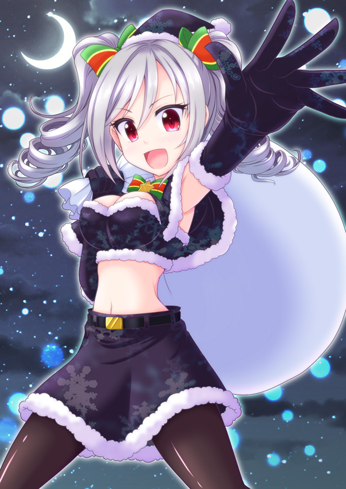 10s 1girl :d black_pantyhose black_santa_costume bococho breasts cleavage crescent_moon female_focus gloves grey_hair hat idolmaster idolmaster_cinderella_girls kanzaki_ranko medium_breasts moon open_mouth outstretched_arm pantyhose red_eyes santa_costume santa_hat smile solo