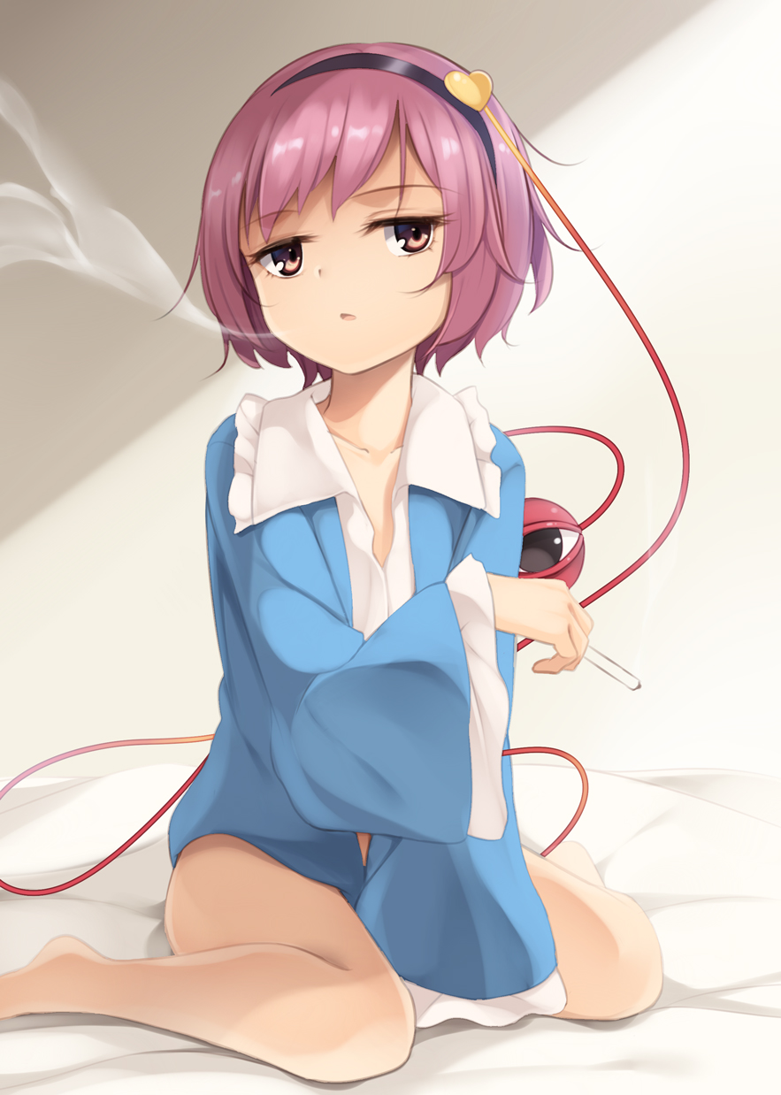 1girl arai_togami blouse blue_shirt bottomless brown_eyes cigarette collarbone commentary_request female_focus frilled_shirt_collar frilled_sleeves frills hairband heart highres komeiji_satori long_sleeves pink_hair shirt sitting smoking solo third_eye touhou wariza white_shirt wide_sleeves