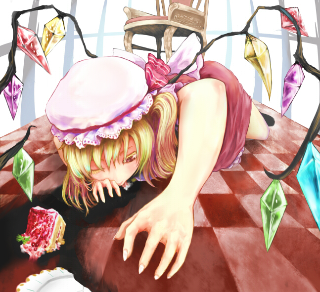 1girl all_fours blonde_hair cake checkered_floor female_focus flandre_scarlet floor food foreshortening hat kouzilow pastry red_eyes solo touhou vampire vanishing_point wings