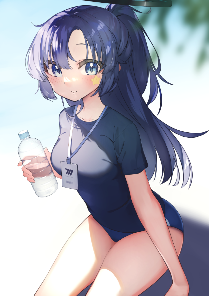 1girl blue_archive blue_eyes blue_hair buruma gym_shirt gym_shorts gym_uniform halo highres name_tag official_alternate_costume rindoriko shirt shorts yuuka_(blue_archive) yuuka_(track)_(blue_archive)