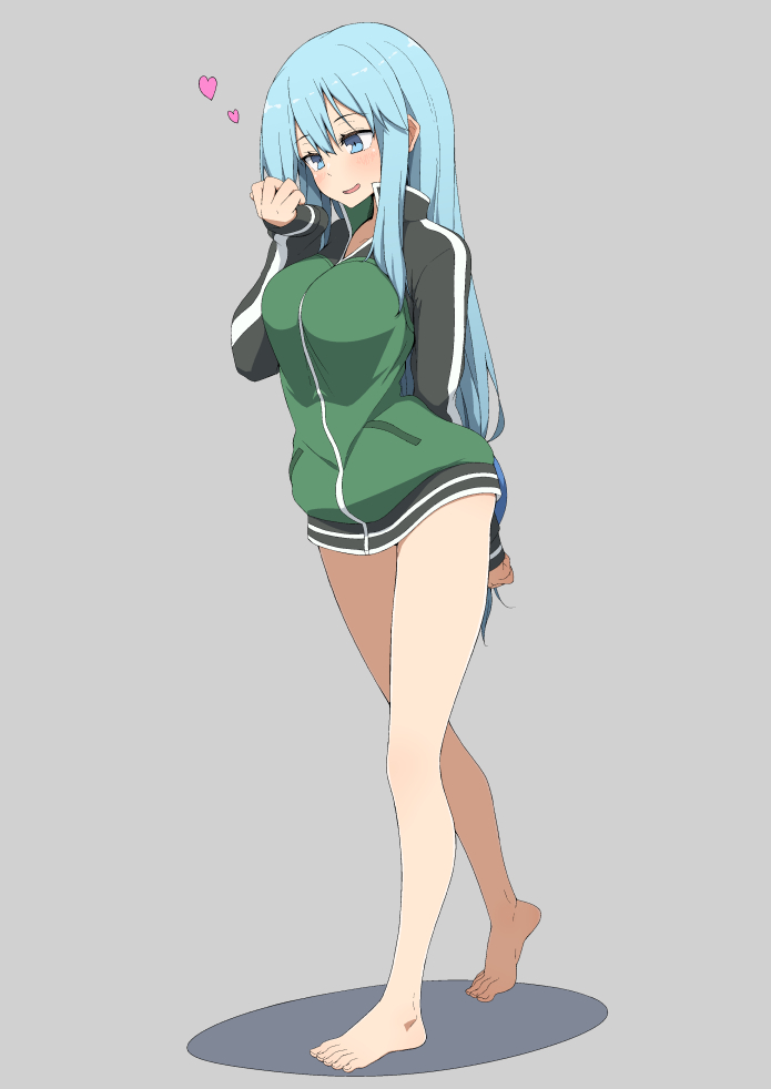 1girl alternate_costume aqua_(konosuba) arm_behind_back barefoot blue_eyes blue_hair blush borrowed_clothes bottomless breasts cosplay green_jacket grey_background heart jacket kono_subarashii_sekai_ni_shukufuku_wo! large_breasts long_hair long_sleeves oversized_clothes salpin satou_kazuma satou_kazuma_(cosplay) simple_background smile solo