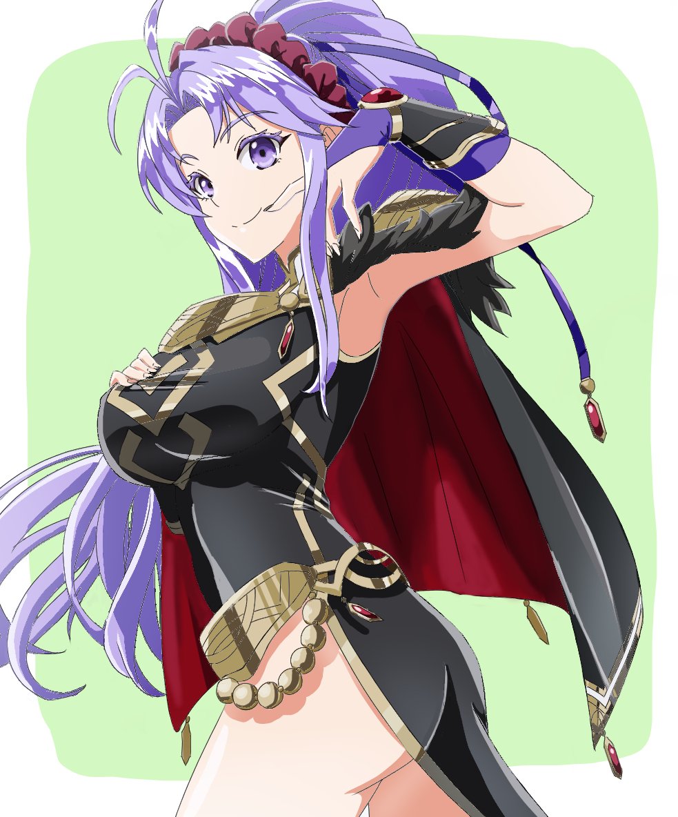 1girl alternate_breast_size antenna_hair armor armpits ass black_cape black_dress bracelet breasts bridal_gauntlets cape closed_mouth colored_eyelashes cowboy_shot donguri_(reji22) dress feather_trim fire_emblem fire_emblem:_genealogy_of_the_holy_war fire_emblem_heroes gem gold_belt gold_trim green_background hairband halterneck hand_on_own_chest jewelry large_breasts letterboxed long_hair looking_at_viewer nintendo no_panties pauldrons ponytail purple_eyes purple_hair red_cape red_gemstone red_hairband short_dress shoulder_armor sidelocks single_pauldron sleeveless sleeveless_dress smile solo tailtiu_(fire_emblem) taut_clothes taut_dress thighs two-tone_background very_long_hair white_background