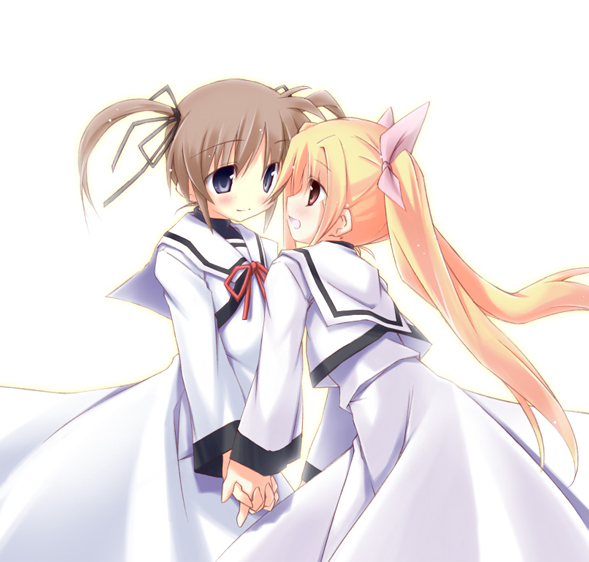 00s 2girls blonde_hair blue_eyes brown_hair child fate_testarossa holding_hands long_hair lyrical_nanoha mahou_shoujo_lyrical_nanoha mahou_shoujo_lyrical_nanoha_a&#039;s mizuno_minato multiple_girls purple_eyes red_eyes ribbon school_uniform short_hair takamachi_nanoha twintails