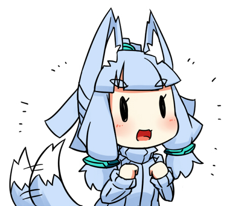 1girl animal_ears blue_hair blush chibi female_focus fox_ears fox_tail kedamaton kogetsu_tooka lowres open_mouth original ribbed_sweater simple_background smile solo sweater tail tail_wagging white_background