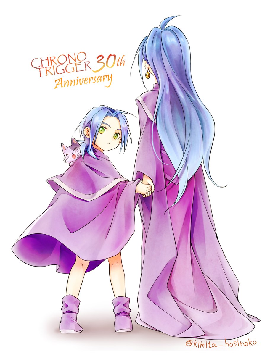 1boy 1girl animal_ears brother_and_sister cat cat_ears chrono_trigger cloak green_eyes height_difference highres holding_hands janus_zeal kimita_(kiokunoumi) long_hair ponytail purple_cloak purple_shoes schala_zeal shoes short_hair siblings signature simple_background whiskers white_background