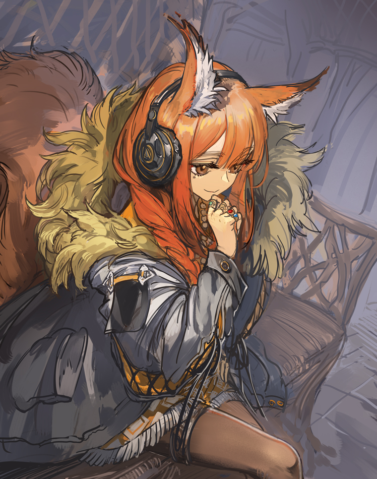 1girl animal_ears arknights brown_eyes fur-trimmed_jacket fur_trim headphones implied_extra_ears jacket jewelry multiple_rings orange_hair pantyhose ratatos_browntail_(arknights) ring ryuuzaki_ichi