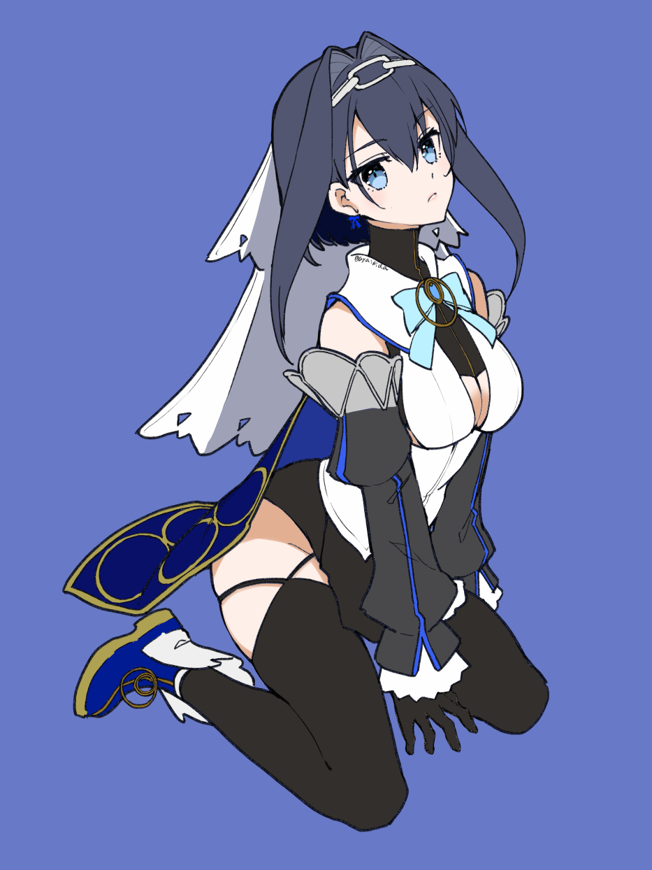 1girl black_gloves black_hair black_skirt black_thighhighs blue_background blue_bow blue_bowtie blue_brooch blue_cape blue_eyes blue_footwear bow bowtie breasts cape chain chain_headband cleavage_cutout clothing_cutout commentary_request detached_sleeves full_body gloves hair_intakes half-skirt highres hololive hololive_english ishida_aya juliet_sleeves large_breasts long_sleeves looking_at_viewer ouro_kronii ouro_kronii_(1st_costume) parted_lips puffy_sleeves shirt short_hair simple_background skirt sleeveless sleeveless_shirt solo thighhighs veil virtual_youtuber white_veil