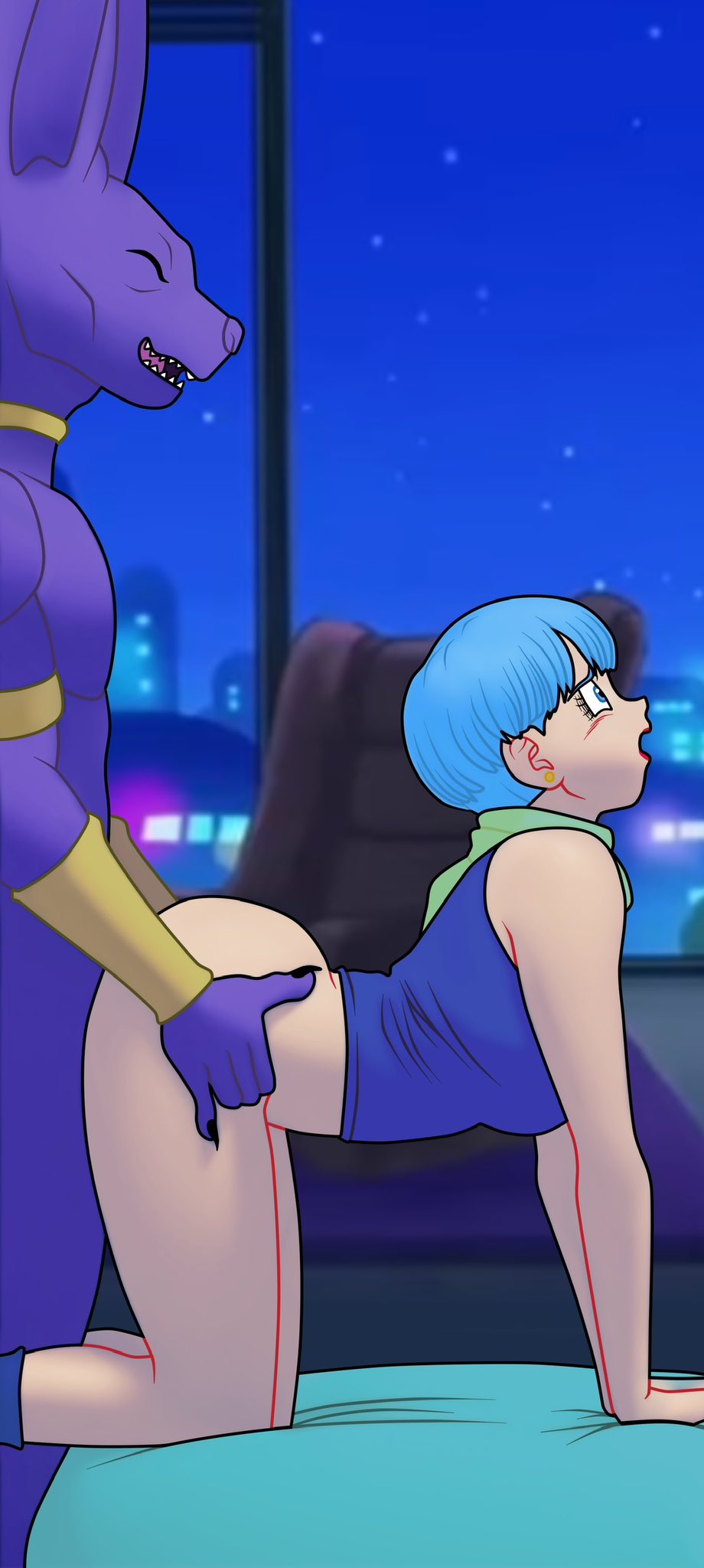 all_fours beerus bent_over blue_hair bulma cheating_(relationship) doggystyle dragon_ball dragon_ball_super from_behind furry hairless_cat hetero highres interspecies jucifer999 night nude open_mouth red_hair setthh98 sex sex_from_behind short_hair sphynx_(cat)