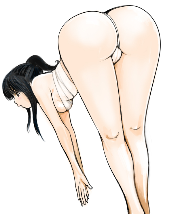 1girl ass bandages bare_shoulders bent_over black_hair brown_eyes female_focus from_behind hip_focus huge_ass kazaana long_hair original panties sarashi simple_background solo thong touching_toes underwear white_background wide_hips