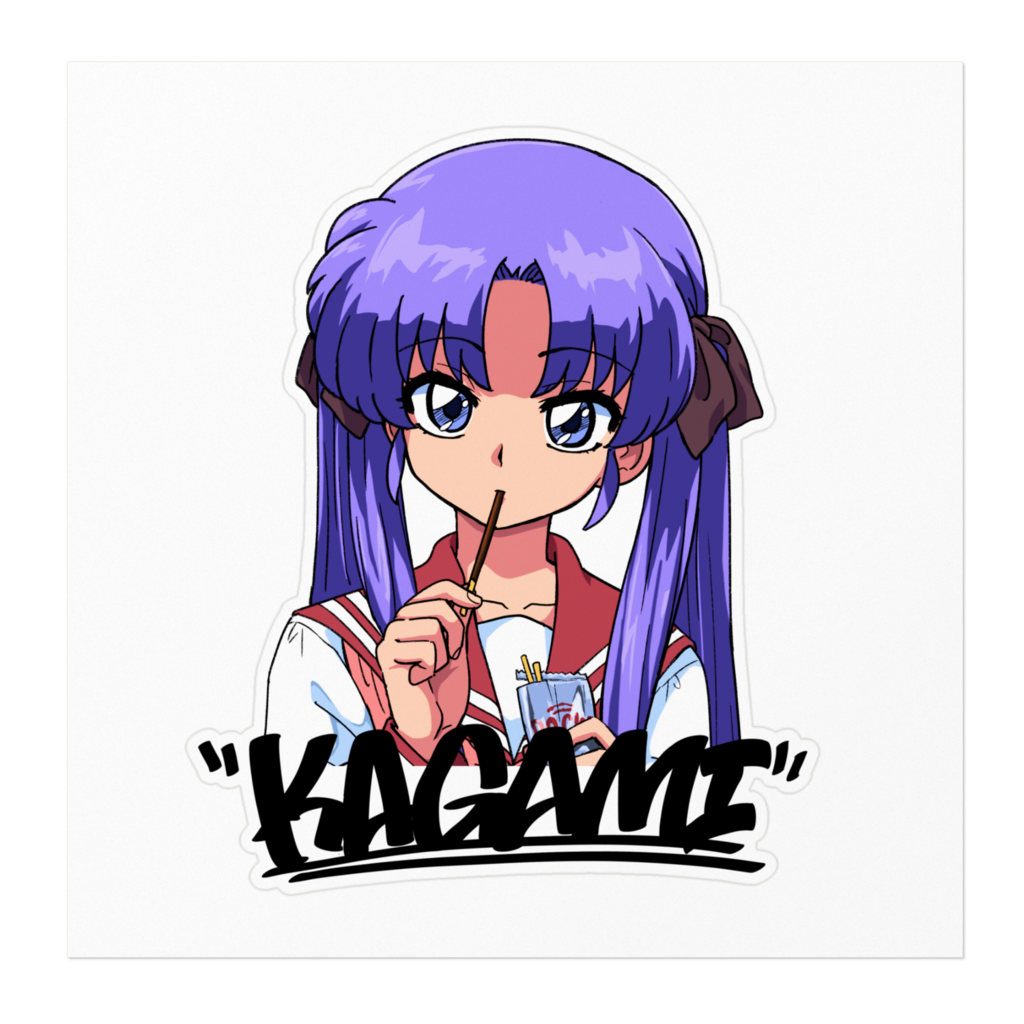 1girl black_ribbon blue_eyes character_name collarbone commentary_request food food_in_mouth haaam hair_ribbon hiiragi_kagami holding holding_food holding_pocky long_hair long_sleeves looking_at_viewer lucky_star neckerchief pink_neckerchief pocky pocky_in_mouth purple_hair red_sailor_collar retro_artstyle ribbon ryouou_school_uniform sailor_collar school_uniform serafuku simple_background solo twintails white_background winter_uniform