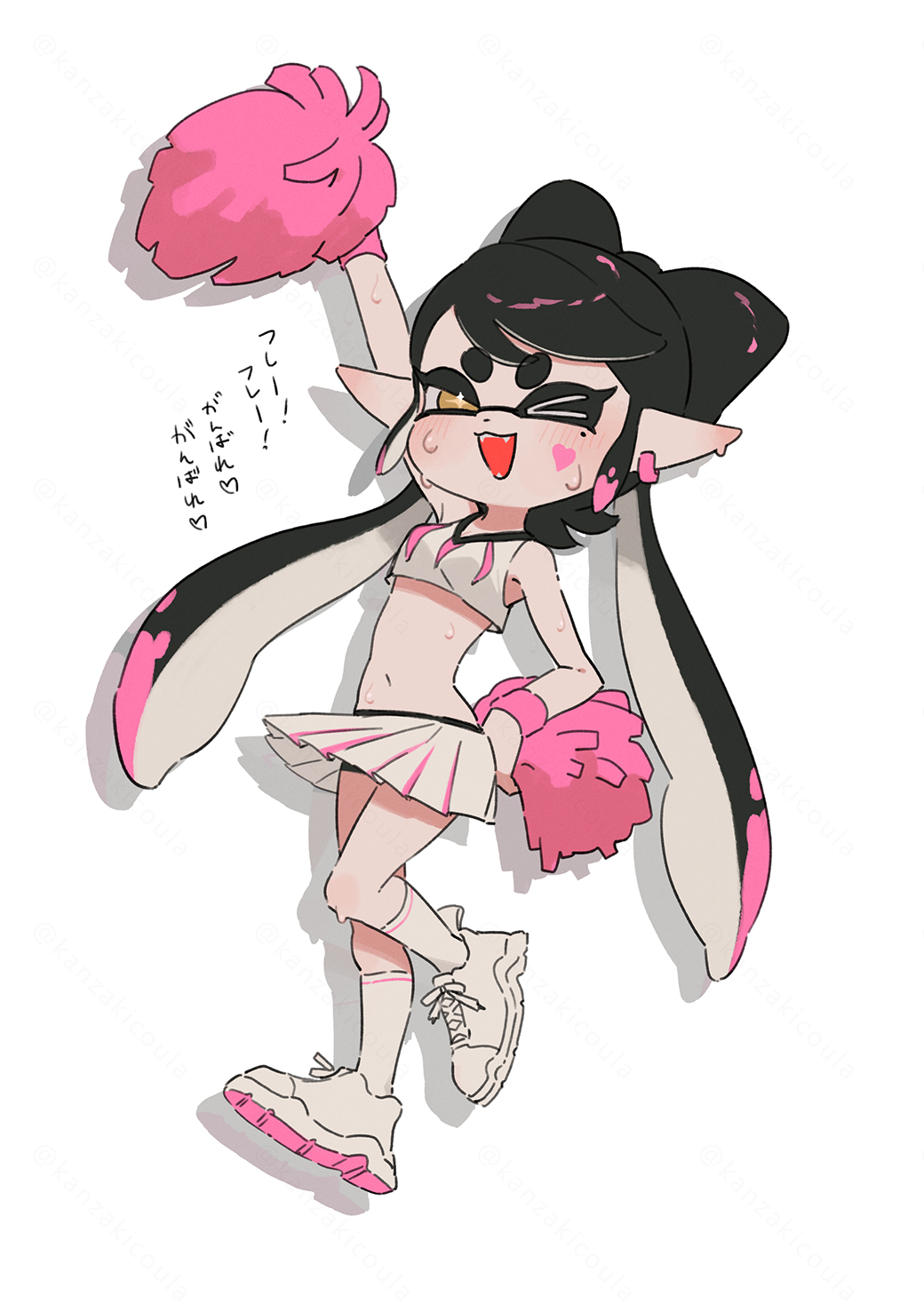 &gt;_o 1girl alternate_costume arm_up black_hair blush bow-shaped_hair callie_(splatoon) commentary_request coula_cat crop_top cross-shaped_pupils earrings full_body hand_on_own_hip heart_sticker highres holding holding_pom_poms hoop_earrings inkling jewelry long_hair midriff miniskirt mole mole_under_eye multicolored_hair navel nintendo one_eye_closed orange_eyes pink_hair pleated_skirt pointy_ears pom_pom_(cheerleading) pom_poms shirt shoes sidelocks simple_background skirt sneakers socks solo splatoon_(series) sticker_on_face sweat swept_bangs symbol-shaped_pupils tentacle_hair thick_eyebrows translation_request twintails two-tone_hair white_background white_footwear white_shirt white_skirt white_socks