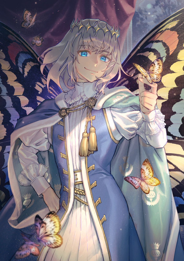 1boy blue_cloak blue_coat blue_eyes blurry bug butterfly butterfly_on_hand butterfly_wings cloak coat cowboy_shot crown curtains depth_of_field fate/grand_order fate_(series) hand_on_own_hip insect insect_wings juliet_sleeves long_sleeves looking_at_viewer male_focus medium_hair multicolored_wings na222222 oberon_(fate) patterned_clothing puffy_sleeves robe sleeveless sleeveless_coat smile solo tassel white_robe wings