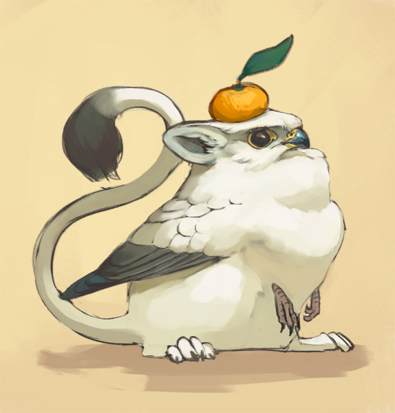 animal_focus balancing_on_head beak bird_wings chimera creature feathered_wings food fruit full_body griffin lion_tail looking_at_viewer mandarin_orange mixed_limbs nablange no_humans original simple_background solo tail wings yellow_background