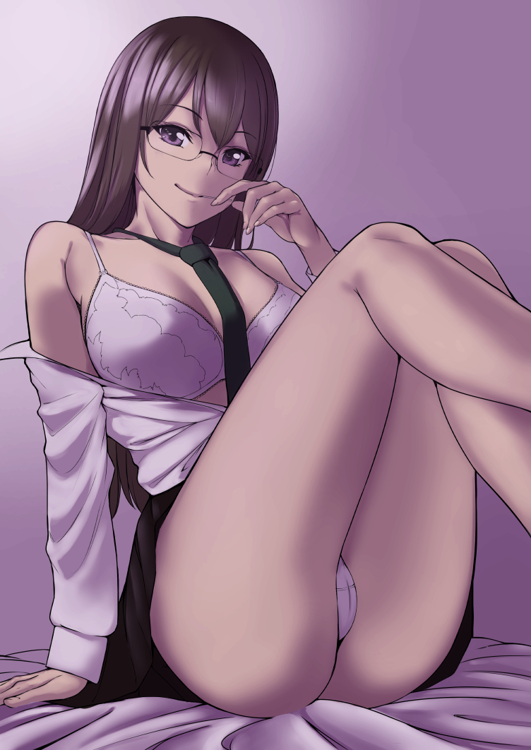 1girl ass bed bra breasts cameltoe din_(raiden) female_focus glasses hair_between_eyes indoors large_breasts long_hair looking_at_viewer necktie open_clothes original panties purple_eyes shirt sitting skirt solo underwear white_shirt