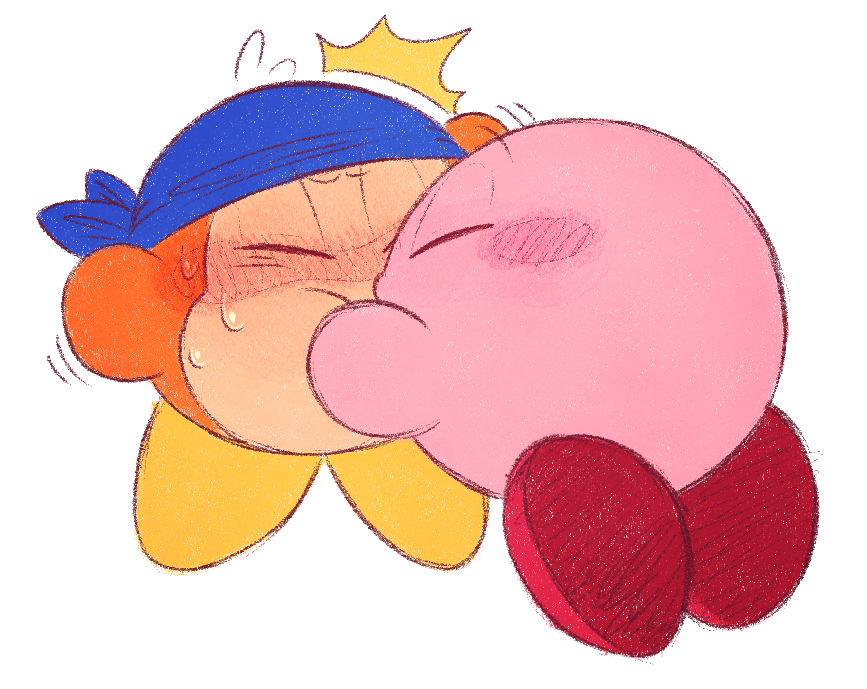 1boy 1other ^^^ bandana bandana_waddle_dee blue_headwear blush blush_stickers colored_skin closed_eyes facing_another facing_away full-face_blush hands_on_another&#039;s_face kirby kirby_(series) kiss nintendo no_humans pervoborb simple_background sweat white_background