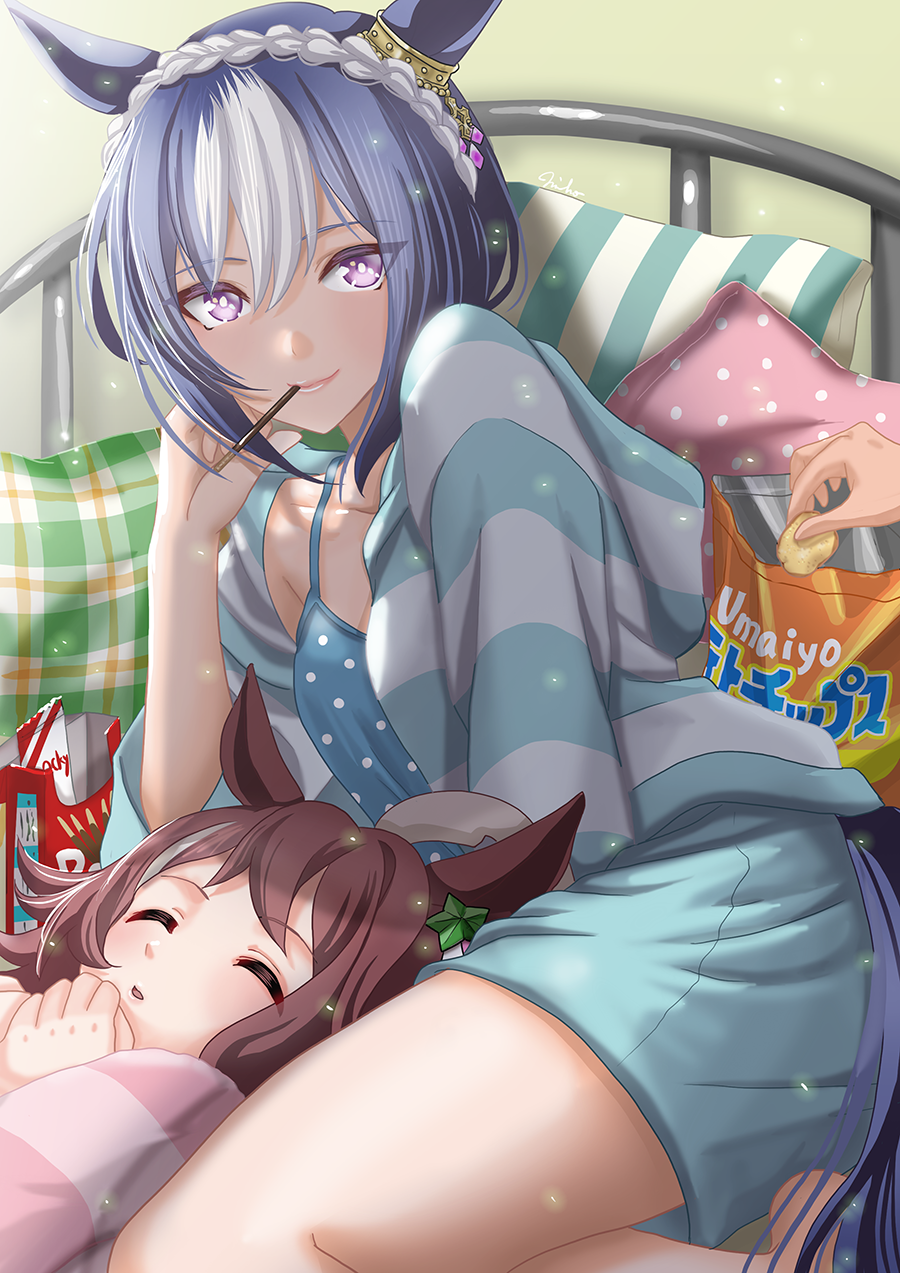 2girls bed blue_hair breasts brown_hair cesario_(umamusume) chips_(food) closed_mouth commentary_request food food_in_mouth highres horse_girl looking_at_viewer medium_breasts medium_hair multiple_girls otono_(bkt4b) pajamas pillow pocky pocky_in_mouth potato_chips pov pov_hands rhein_kraft_(umamusume) sleeping smile umamusume