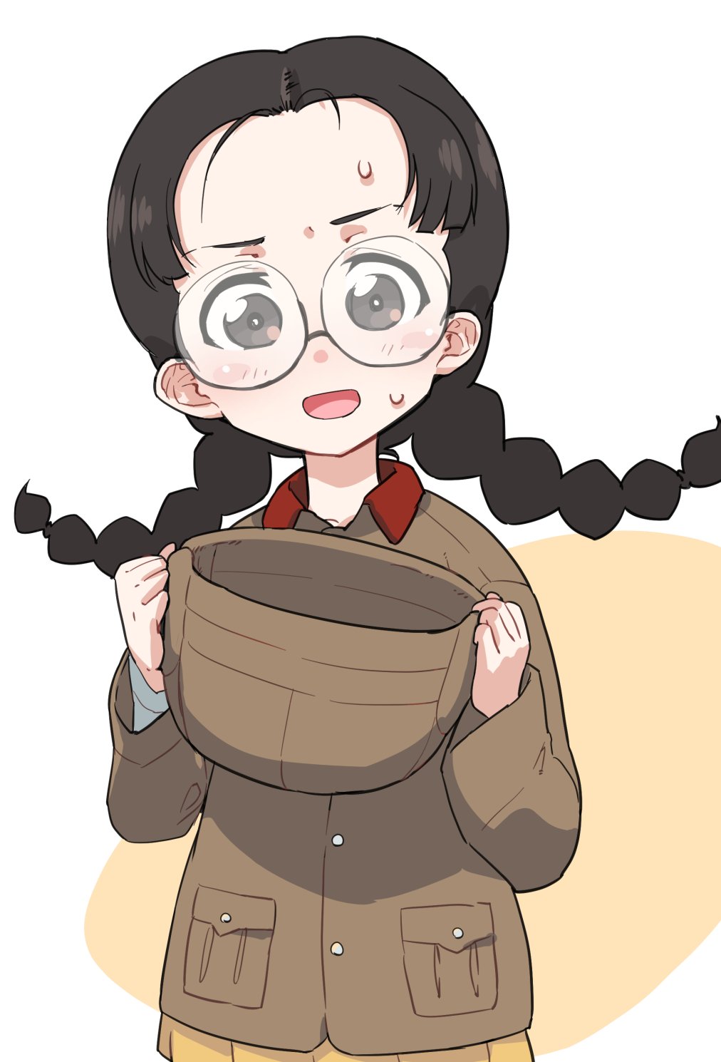 1girl black_hair blush blush_stickers braid brown_eyes chi-hatan_military_uniform fukuda_haru girls_und_panzer glasses helmet highres holding holding_helmet long_hair looking_at_viewer military_uniform monolith_(suibou_souko) open_mouth simple_background smile solo twin_braids twintails