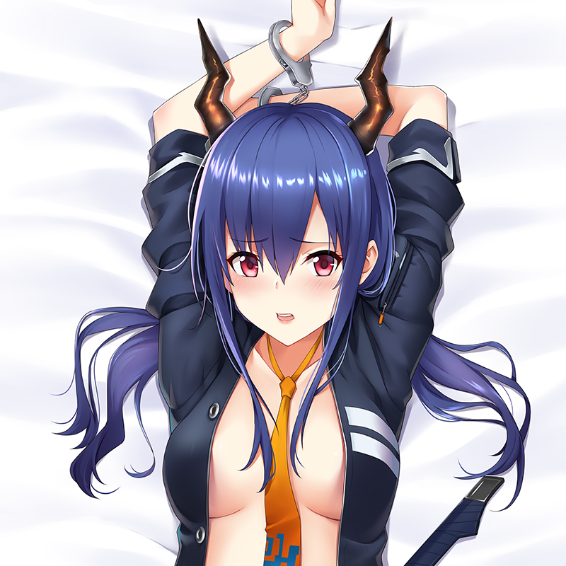 1girl arknights arms_behind_back black_jacket blush bound bound_wrists breasts ch&#039;en_(arknights) cirnos cuffs dragon_horns hair_between_eyes handcuffs horns jacket looking_at_viewer lying medium_breasts naked_jacket necktie on_back on_bed open_clothes open_jacket open_mouth orange_necktie red_eyes sidelocks solo twintails upper_body