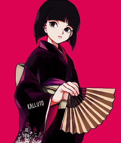 1boy androgynous black_hair black_kimono blunt_bangs blunt_ends blunt_tresses bob_cut character_name eyelashes floral_print floral_print_kimono hand_fan holding holding_fan hunter_x_hunter inverted_bob japanese_clothes kalluto_zoldyck kimono looking_at_viewer lowres obi obiage purple_eyes red_background sash simple_background tsuyuxxx