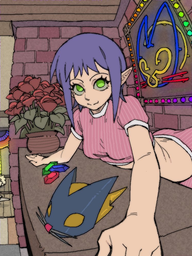 1girl bombchu bombchu_bowling_girl brick_wall flower green_eyes leaning_forward looking_at_viewer neon_lights nintendo pantsu-ripper plant pointy_ears potted_plant purple_hair rupee_(zelda) short_hair sign smile solo the_legend_of_zelda the_legend_of_zelda:_ocarina_of_time