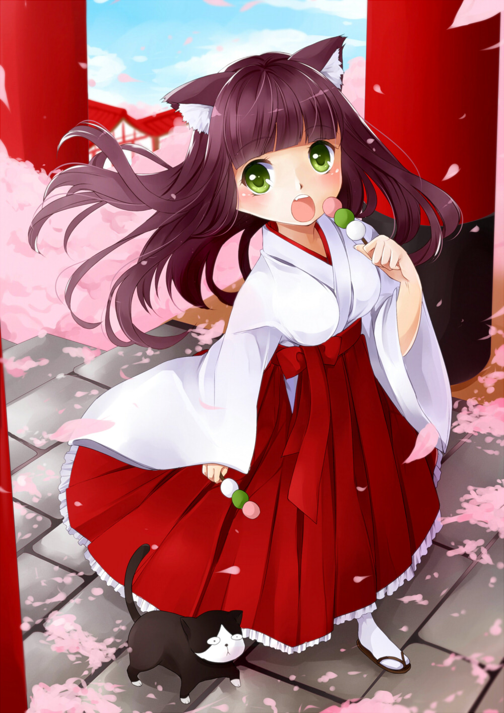 1girl animal_ears bad_id bad_pixiv_id cat cat_ears cherry_blossoms dango fang female_focus food green_eyes highres japanese_clothes natsu_(natume0504) original purple_hair solo wagashi