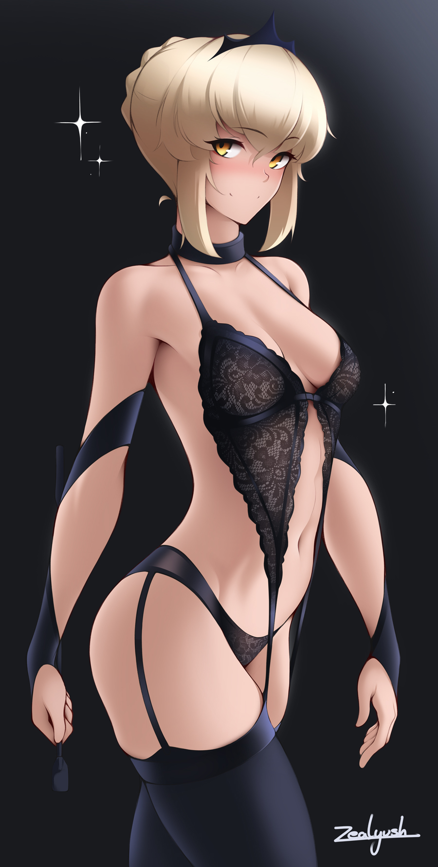 1girl alternate_costume artist_name artoria_pendragon_(all) artoria_pendragon_(fate) black_background black_bra black_panties black_thighhighs blush bra braid breasts commentary crown english_commentary fate/grand_order fate/stay_night fate_(series) french_braid garter_straps highres lace lace-trimmed_bra lace_trim looking_at_viewer medium_breasts panties saber_alter smile solo thighhighs thighs underwear underwear_only zealyush