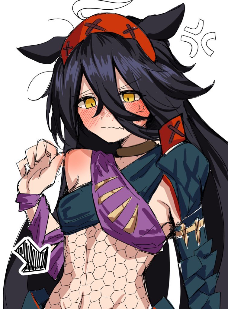 1girl ahoge alternate_costume amaxa anger_vein animal_ears arrow_(symbol) black_hair blush breasts embarrassed hair_between_eyes horse_ears horse_girl long_hair manhattan_cafe_(umamusume) monster_hunter_(series) nargacuga_(armor) red_headdress simple_background small_breasts solo umamusume white_background white_hair yellow_eyes