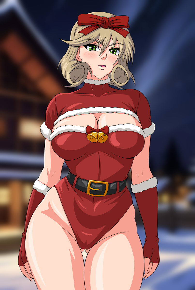 1girl bell blush breasts christmas cleavage_cutout clothing_cutout fingerless_gloves gloves gluteal_fold green_eyes hair_ribbon haruka_(senran_kagura) highleg highleg_leotard highres house large_breasts leotard light_brown_hair medium_hair night night_sky ribbon senran_kagura short_sleeves sky yeezusdraw