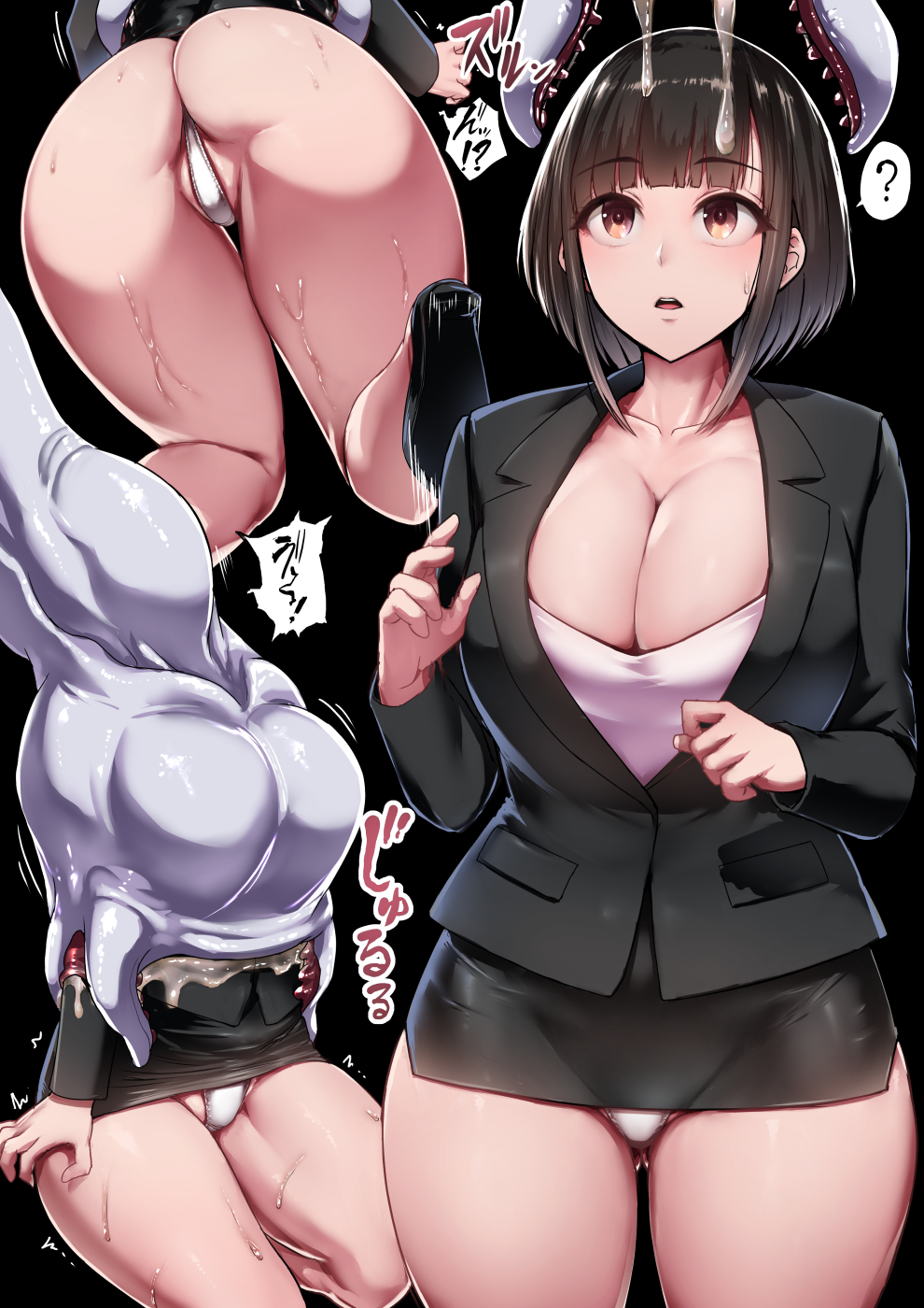 ? ass bare_legs black_footwear black_hair black_jacket blunt_bangs breasts brown_eyes cleavage collarbone gluteal_fold high_heels highres ishimiso_(ishimura) jacket kneeling large_breasts long_hair long_sleeves looking_up microskirt monster motion_lines multiple_views office_lady open_mouth original panties pantyshot saliva short_hair skirt speech_bubble spoken_question_mark sweat underwear upskirt very_long_hair vore white_panties