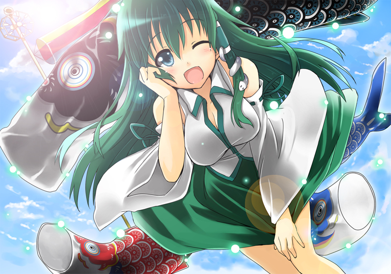 1girl :d bad_id bad_pixiv_id bent_over blue_eyes day detached_sleeves female_focus frog from_below green_hair hair_ornament kochiya_sanae leaning_forward lens_flare long_hair one_eye_closed open_mouth sky smile snake solo toichi touhou wink